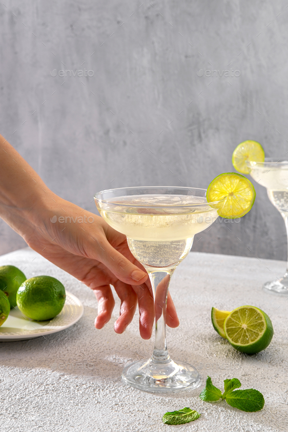 Margarita cocktail with lime and mint. Classic Margarita or Daiquiry Cocktail.