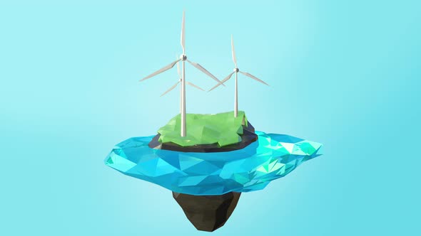 Wind turbines on island low poly green energy