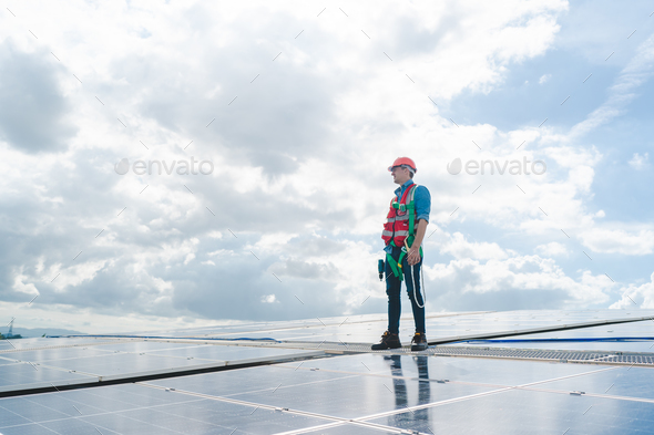Male professional engineer installing solar photovoltaic panel system, Electrician technician job