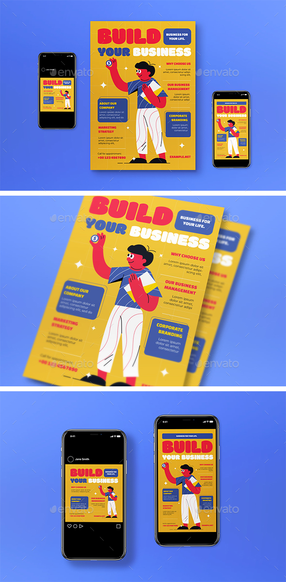 Yellow Flat Design Build your Business Flyer Set