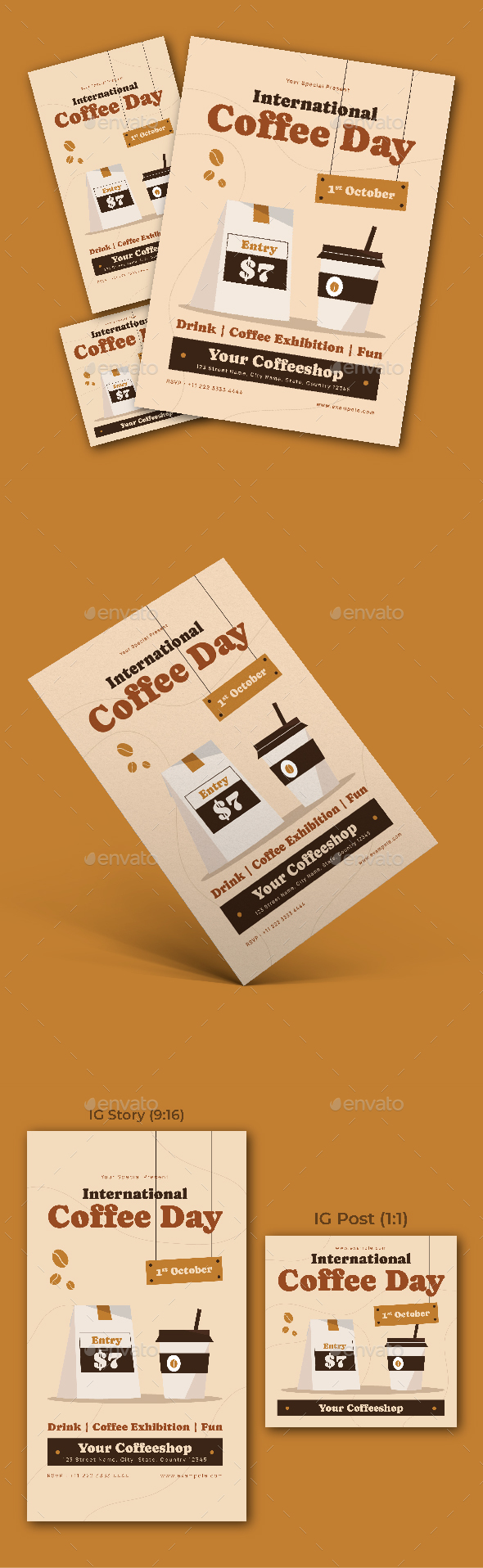 Flat International Coffee Day Flyer Set