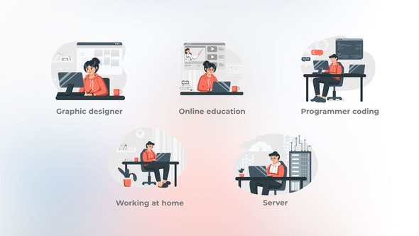 Working at Home - Grey and Red Illustrations