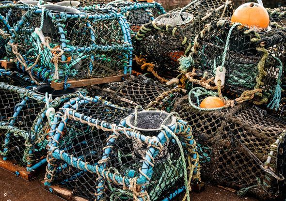 Pile of old crab traps and fishing nets stacked on one another