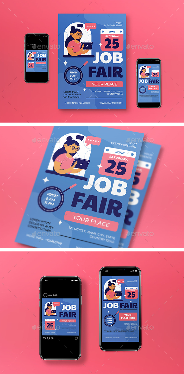 Blue Flat Design Job Fair Flyer Set