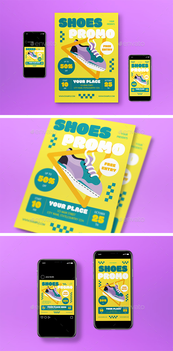 [DOWNLOAD]Yellow Flat Design Shoes Promo Flyer Set
