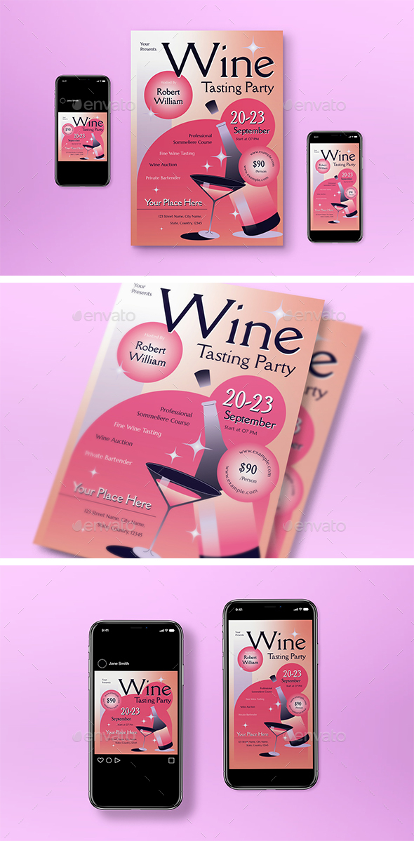 Pink Gradient Wine Tasting Party Flyer Set