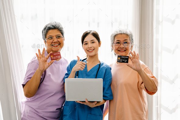 Financial Wellbeing and Digital Healthcare: Smiling Elderly Woman Holds Credit Card with Doctor
