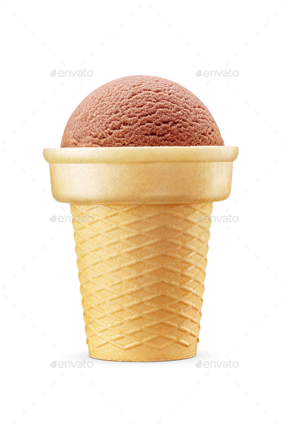 One chocolate brown ice cream scoop served on a crispy waffle cone isolated  on white. Stock Photo by Ha4ipuri