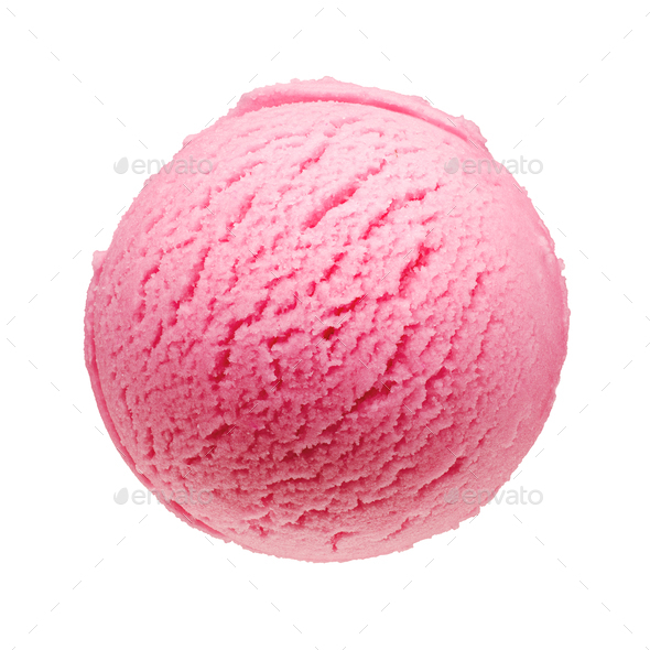 Scoop of pink ice cream isolated on white background, top view