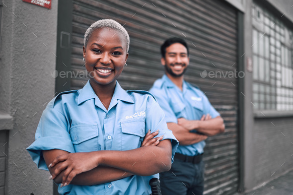 Team, security guard or safety officer portrait on the street for protection, patrol or watch. Law