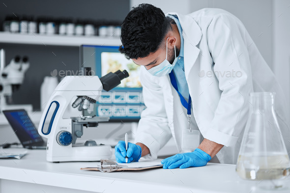 Research, writing and science with man in laboratory for report, pharmacy and medical. Checklist, h