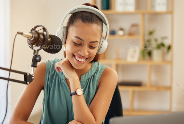 Microphone, headphones and woman on podcast or live stream, media broadcast for web radio host. Str