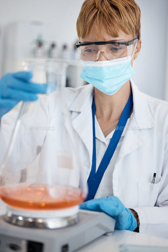 Scientist, laboratory and mask, woman with pharmaceutical test and chemistry study for medicine. Me