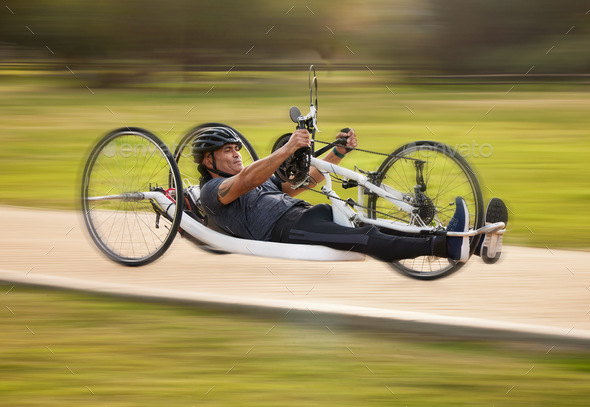 Speed, disability and fitness with man and bike with handicap for training, sports and challenge. E