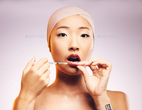 Beauty, lip filler and woman with botox injection, plastic surgery and portrait of cosmetic dermato