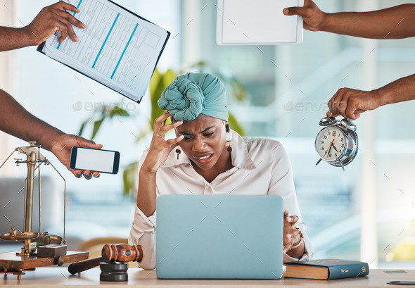 Frustrated, busy and a black woman with hands and laptop for business, team chaos and stress. Anger