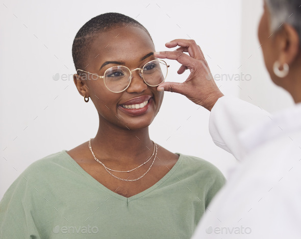 Black woman, glasses and vision, eye care and health with optometry, doctor and patient with prescr
