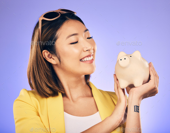 Piggy bank, finance and woman thinking of savings, investment and happy for money growth goals. You