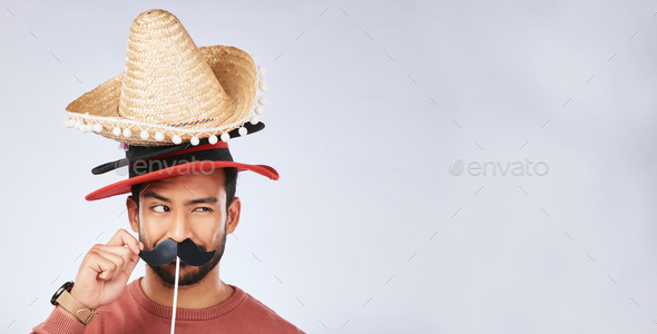 Photo booth mockup, hat and face of man in studio with mustache for comic, humor and funny joke. Ha