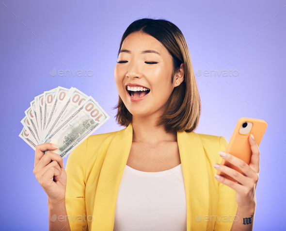 Money, phone and woman with wow for winning, finance or online savings, profit and cash prize. Succ