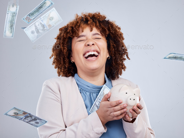 Happy woman with money rain, piggy bank and savings in studio, finance and budget with dollar inves