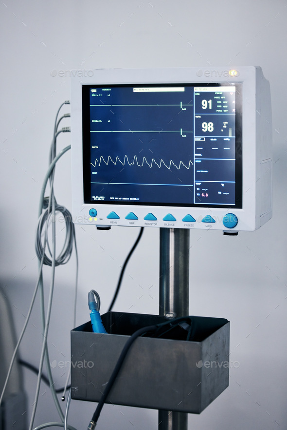 Medical monitor, heart machine and healthcare, cardiology and equipment with stats and vitals in ho