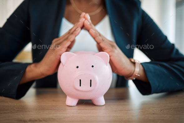 Piggy bank, house hands and woman for savings, investment and mortgage loan or money management. Bu