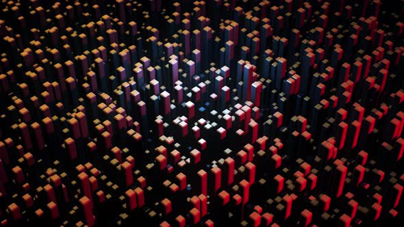 Many red growing volume figures on black background alt