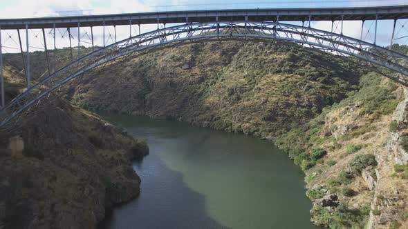 Aerial View of Iron Bridge Over Canyon in Zamora, Spain