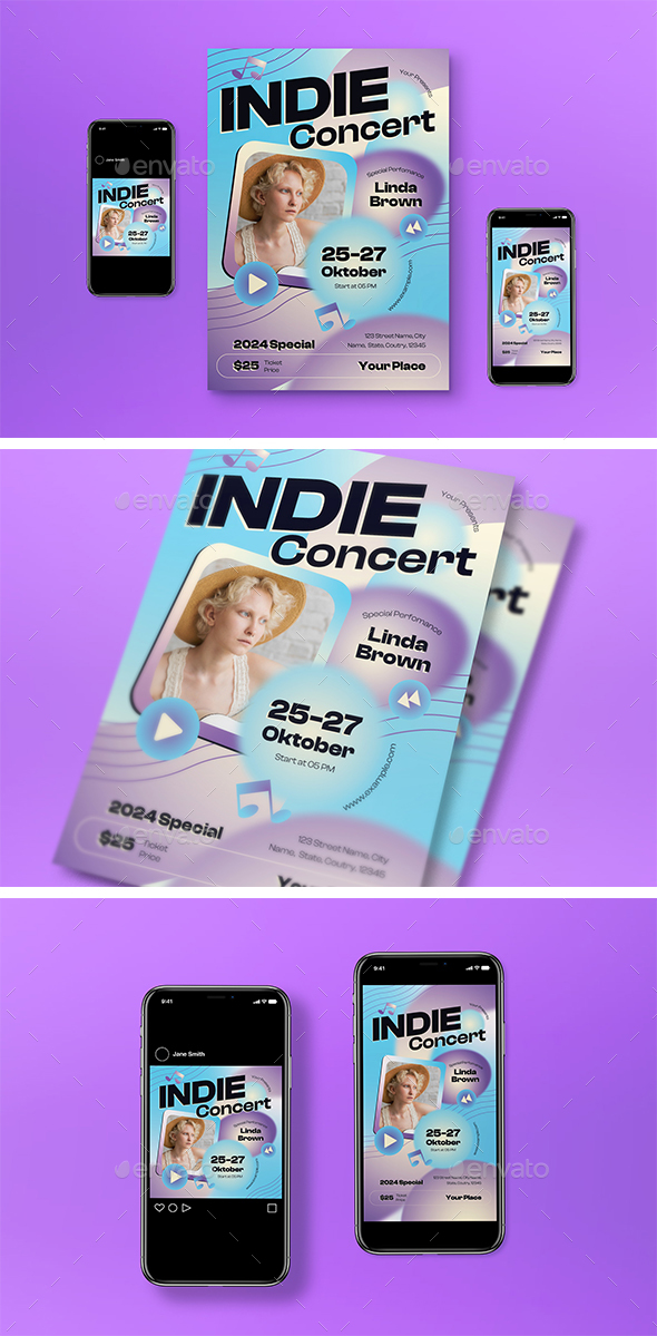 Blue Gradient Indie Concert Flyer Set
