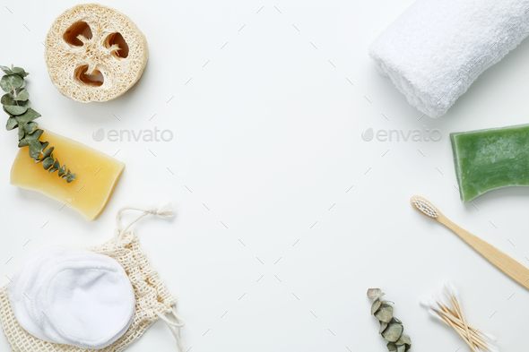 Natural organic eco cosmetics. Soap Eco, reusable cotton pads, loofah natural sponge washcloth
