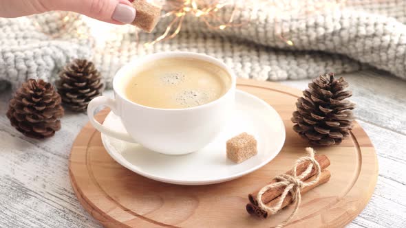 Female Hand Adding White Sugar Cube in Cup of Coffee on Table