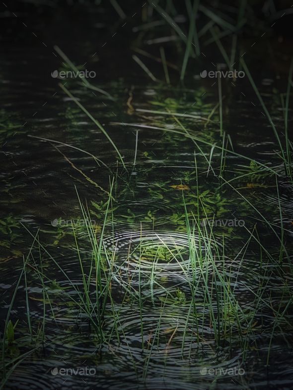 Vertical shot of a tranquil pond with small ripples on the surface of the water caused by splashes