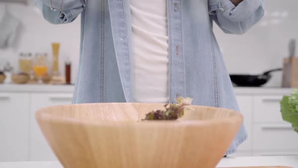 Young Asian woman making salad healthy food use organic vegetables lots. alt