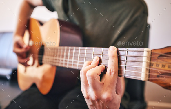 Hands, person and guitar for music, talent and skills in home studio. Closeup, musician and singer