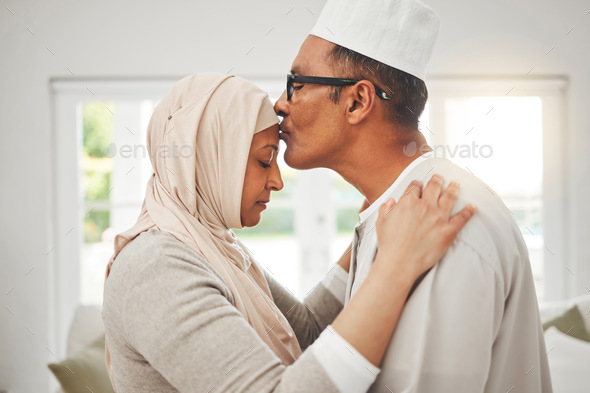 Home, Muslim elderly couple and forehead kiss, music slow dancing and bond for love, trust and care