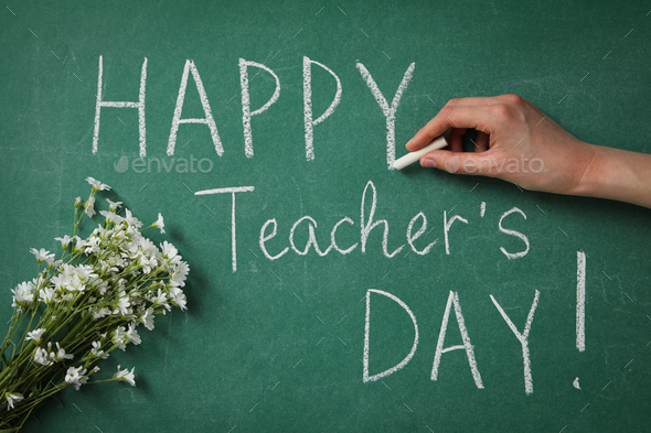 Happy teacher's day greetings, inscription on a green board Stock Photo ...