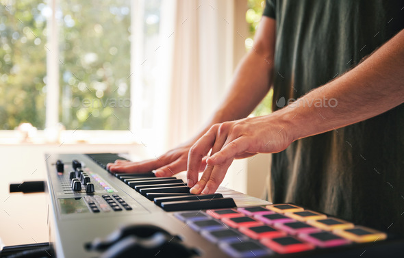 Hands, man and synthesizer piano for music, talent and skills in home studio. Closeup, musician and