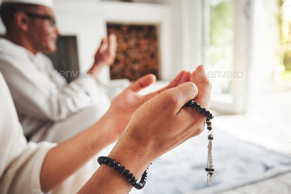 Muslim pray, beads and hands, Islamic faith with worship and trust in God with peace and religion.