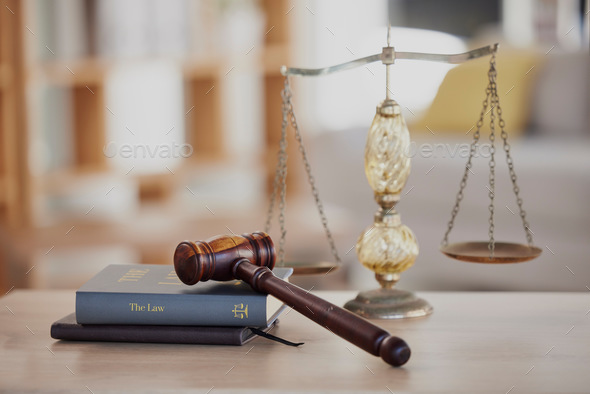 Background, gavel and law books with scales on table of judge, attorney and court trial. Closeup of