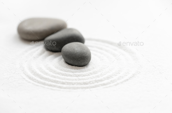 Zen Garden with Stone on White Sand Line Texture Background Sea Stone on Sand Lines Pattern,