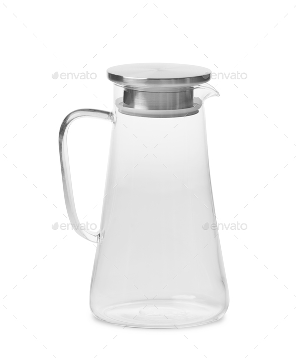 Empty glass jug for milk and drinks with a stainless steel lid on a white background, isolated.