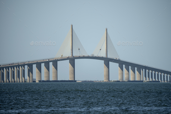 Sunshine Skyway Bridge over Tampa Bay in Florida with moving traffic
