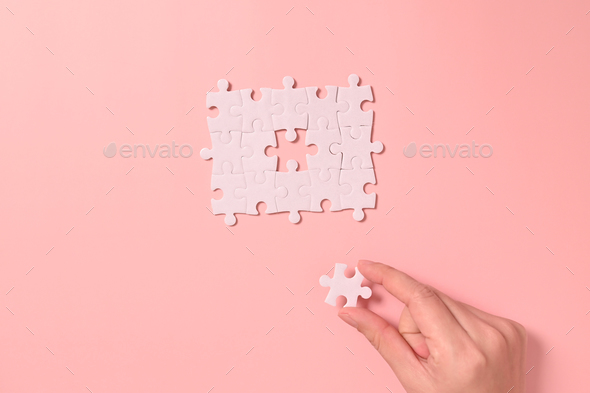 White square puzzle pieces grid of business background, Jigsaw on background, Mock up on background