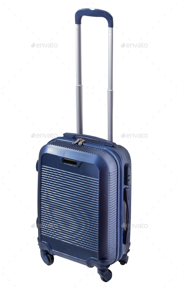 Suitcase on wheels isolated on white background. Hand luggage on the plane. Baggage. Small compact