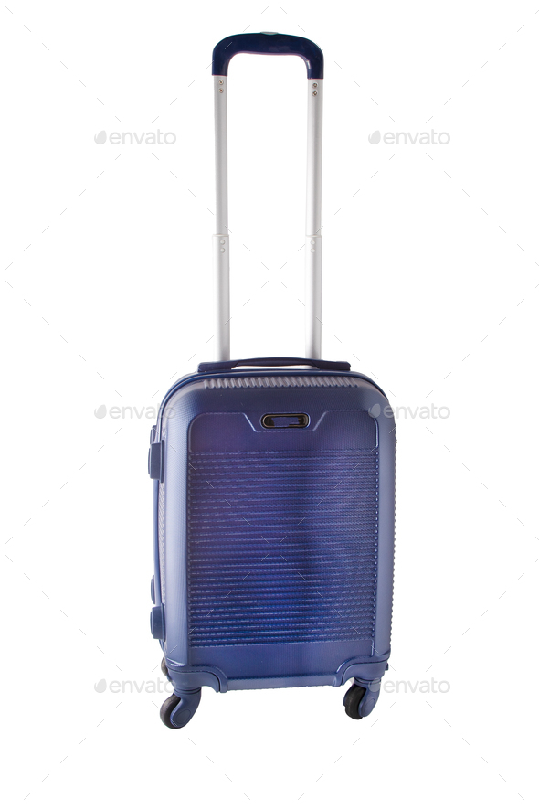 Suitcase on wheels isolated on white background. Hand luggage on the plane. Baggage. Small compact