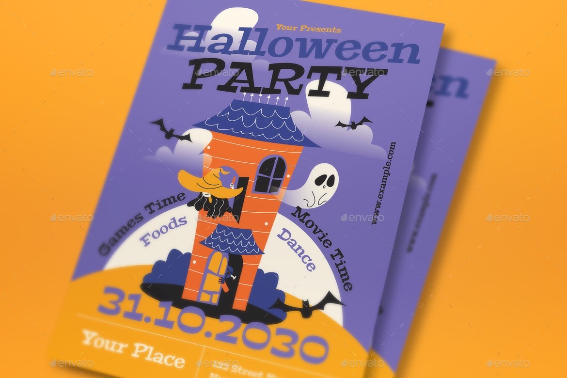 Purple Flat Design Halloween Party Flyer Set, Print Templates ...