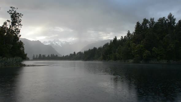 Depressed Cloudscape and Strong Rain Over the Lake Matheson