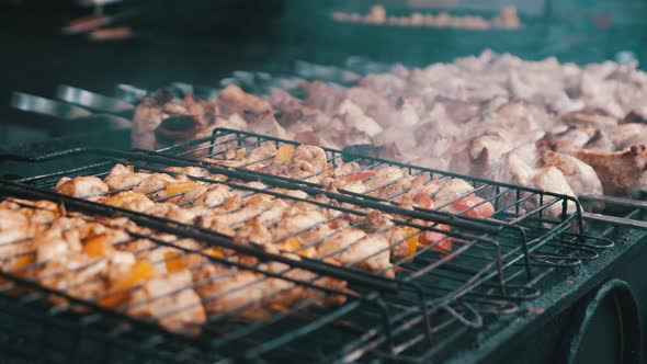 Shish Kebab is Grilled on Skewers on the Open Barbecue at the Food Court alt