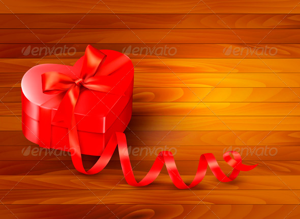 Holiday Background with Gift Red Box and Ribbon - Valentines Seasons/Holidays